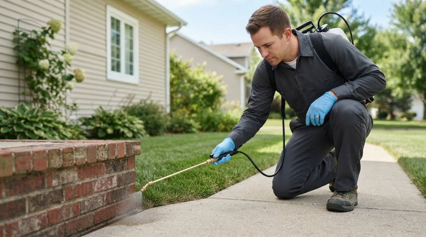 Pest control technician treating a home near Portageville, MO